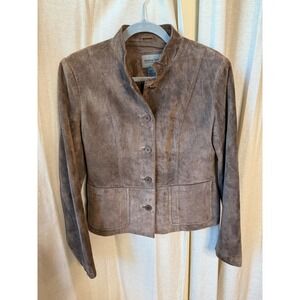 Chocolate Brown Suede Jacket Womens Brown Button Front Pockets‎ Collared Blazer